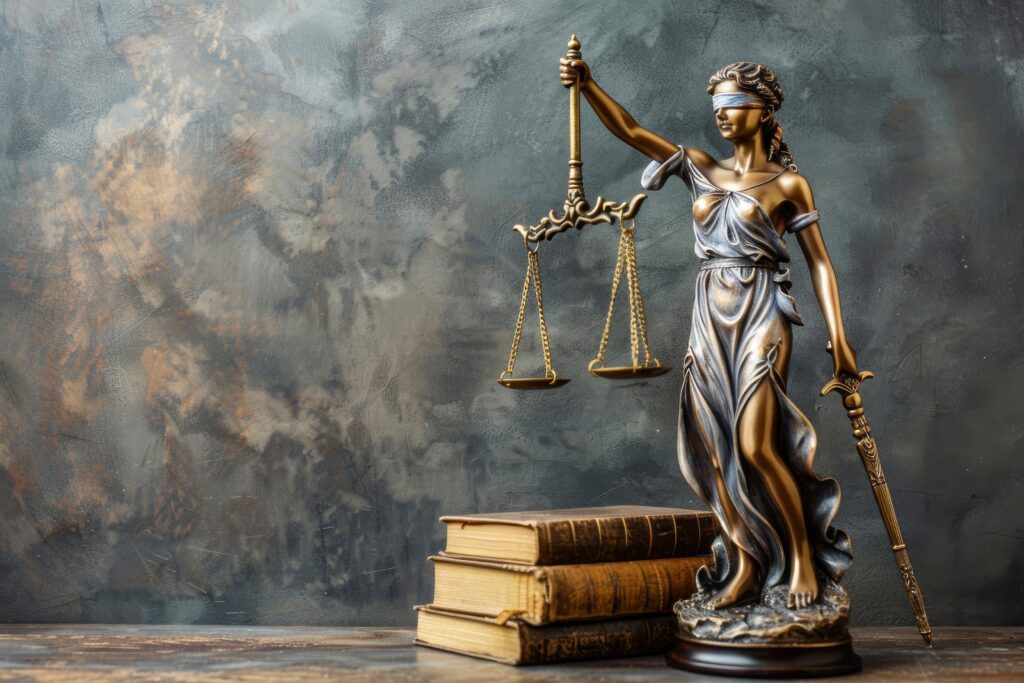 A statue of Lady Justice, the allegorical representation of the legal system, stands on a wooden base with a gavel and an old book in front of it. The statue is holding a scale in one hand and a sword in the other, and her eyes are covered by a blindfold, symbolizing the impartiality of the law. The gavel and book represent the tools of the justice system.